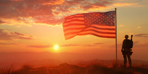 A flag of the United States of America in the air in sunset