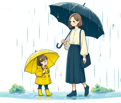 雨傘をさす母と娘