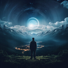 Wondrous image of spaceman travel through stargate with scifi landscape