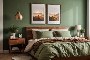Cozy bedroom interior design with mock-up poster frame, bed with brown bedding, green pillows, bedside table with lamp, and light green wall.