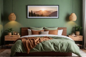 Cozy bedroom interior design with mock-up poster frame, bed with brown bedding, green pillows, bedside table with lamp, and light green wall.