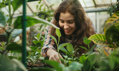 A young woman takes care of the plants in the greenhouse, carefully watering and nurturing each of them. Her commitment to work is visible in every gesture, emphasizing her love and passion for garden