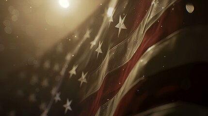 American Flag with rays of light and bokeh. 3d rendering