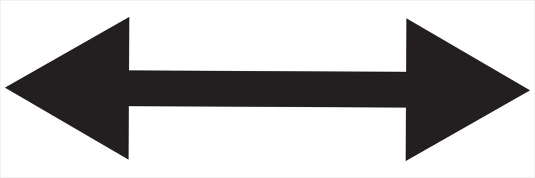  Double arrow sign. Long straight horizontal arrow with two sided pointers. Black width or east and west symbol isolated on white background. Vector illustration. EPS 10/AI