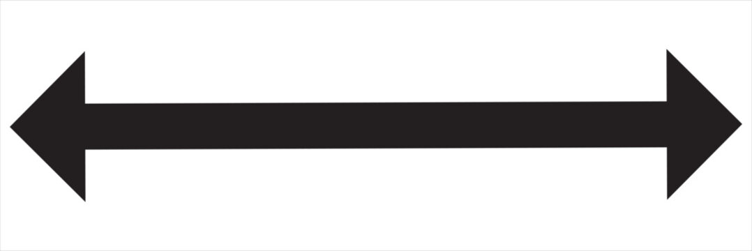  Double arrow sign. Long straight horizontal arrow with two sided pointers. Black width or east and west symbol isolated on white background. Vector illustration. EPS 10/AI