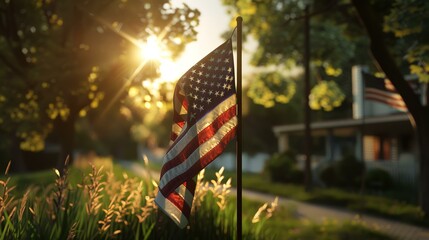 American flag in the sunlight on a background of green trees in the park