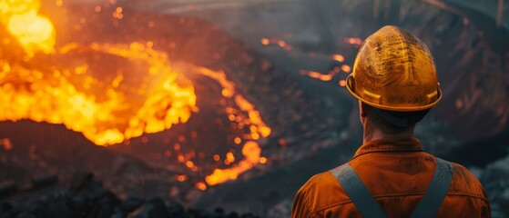 A worker in protective gear looks at a fiery industrial accident
