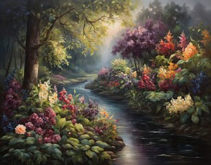 Painting of the Garden of Eden - Lush landscape with flowers and stream - Fantasy illustration