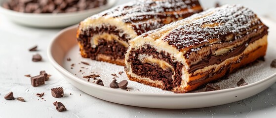 A close shot of a plate with banana chocolate swiss roll cake on a clean white backdrop with a big...