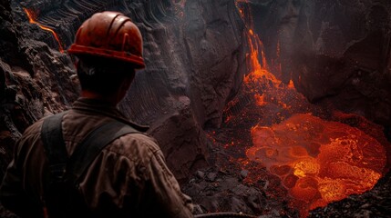 A worker wearing an orange hard hat looks into a large pit filled with molten lava.