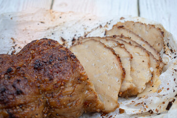 Plant based meat alternative- seitan made of vital wheat gluten.  Seasoned, air fried.