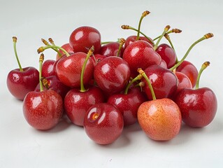 A pile of cherries on a white background.