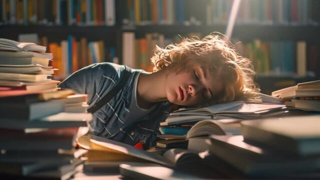 A Gen Z student sleeping at their desk, surrounded by books and papers,

