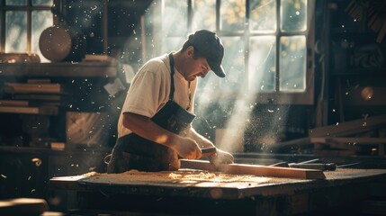 Naklejka premium An experienced artisan carefully shapes wooden elements, demonstrating the art of fine woodworking in his cluttered workshop. AIG41