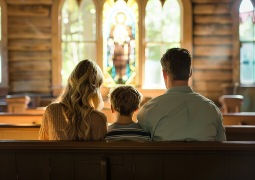 The family sits on a bench in a small church, focused on prayer, united in spiritual compassion and devotion. Their presence in this holy place exudes peace and spiritual unity.