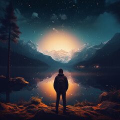 Wondrous image of spaceman travel through stargate with scifi landscape