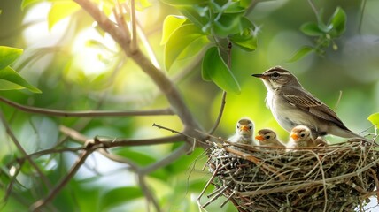 A parent bird watches over its chicks in a sturdy nest nestled among vibrant green leaves, illuminated by soft sunlight.