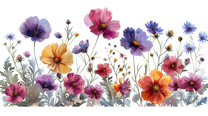 Set of red, yellow and blue flower sarrangement. watercolor illustration
