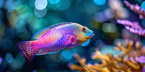 Vivid parrotfish swimming in an array of vivid corals over blue water, its scales gleaming in the morning sun radiant lovely in-depth shot and space, Generative AI.