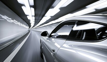 Closeup of Silver Car in Motion with Light Rays