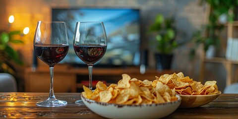 A close shot of two wine glass and a bowl of chips in living room with a blurry television in background with a big space for text or product advertisement, Generative AI.