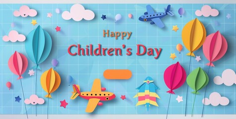 Happy Children's Day banner template with paper cut balloons and plane. Children day banner design for kids school celebration greeting card template.