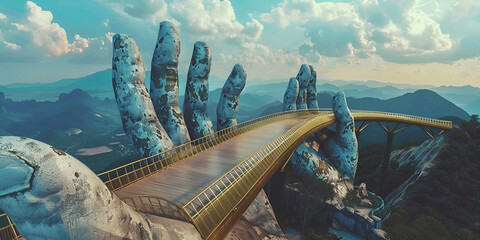 aerial view of Golden Bridge lifted by hand, hand bridge vietnam nature da nang hill