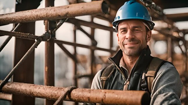 Ger&uuml;stbauer steht auf Bauger&uuml;st und l&auml;chelt in die Kamera