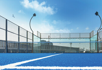Padel court tennis view grass turf blue sky