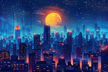 Night cityscape flat design top view urban theme cartoon drawing Tetradic color scheme , ultra-resolution