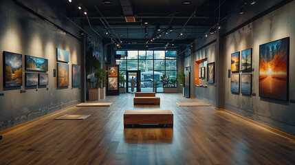Elegant art gallery with diverse landscape photography on display