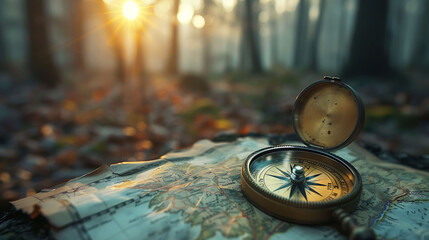 Vintage compass on a map in a sunlit forest setting