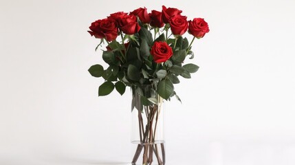 Fototapeta premium A stunning arrangement of vibrant red roses showcased in a transparent vase set against a simple white backdrop