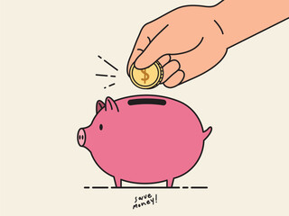 Hand holding coin to insert in cute piggy bank for saving money. Concept of kid saving money. Cartoon character vector for children to learning about saving money. Flat style illustration. 