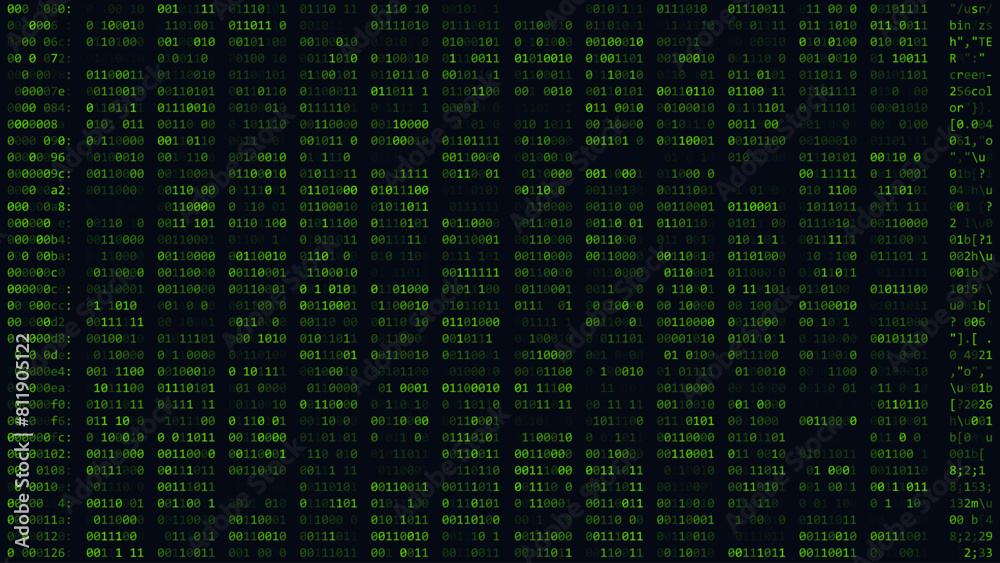 Aufkleber Abstract Green Cyber Matrix Technology Background. Binary Computer Code. Programming Coding Hacker Concept. Linux Terminal CLI Screen. Vector Illustration.