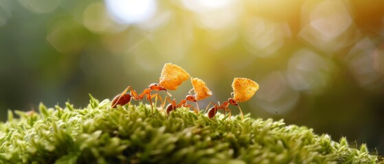 Ants Carrying Food on a Mossy Rock.