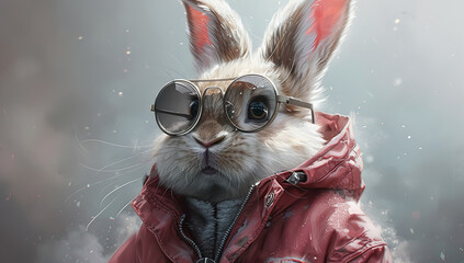 Cute Gray Bunny with Sunglasses and Pink Jacket Cartoon Illustration