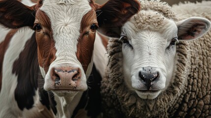 A cow and a sheep are standing next to each other looking at the camera.