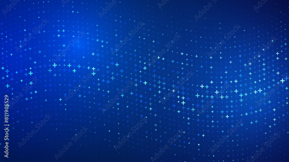 Poster Blue Mathematical Plus Symbols Pattern. Math Design Elements Background. Medical Tech Background. Vector Illustration.