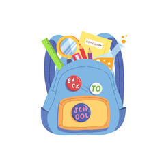 Opened kid's school backpack full of educational equipment. Back to school badges on bag. Student's items and stationery. Flat vector illustration cartoon colorful and fun style.