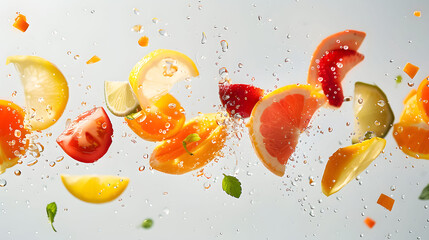recisely sliced pieces of produce suspended in midair, separated by vast negative space. Natural...