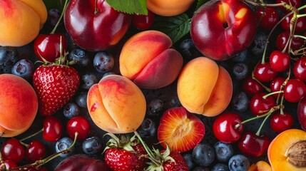 Close-up of berries, peaches, and cherries among other summer fruit