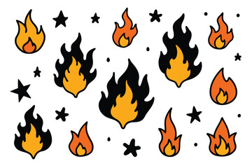 Set of hand drawn y2k style flame elements, star, fire frame. Trendy grunge scrawl icon for stickers. Freehand pencil drawing vector