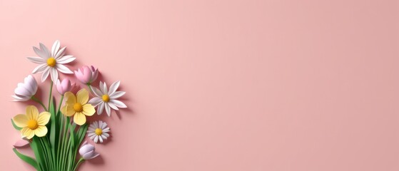 Spring flowers depicted on a flat background with space for text