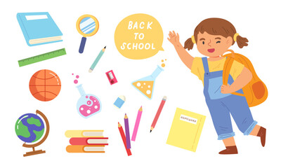 Happy girl standing with school objects. Concept of Back to school, subjects, Stationery collection, classroom, kindergarten, kid's item. Educational illustration. Flat vector child cartoon character.