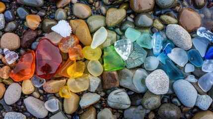 The ground is covered with a variety of natural materials such as light amber gemstones, azure aqua...