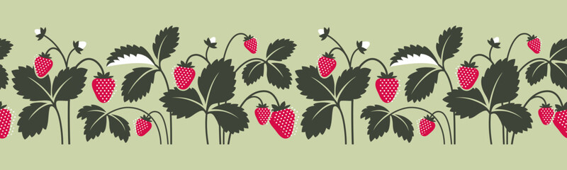 Decorative seamless pattern or border with strawberry plant illustration. Ripe sweet summer berry. Strawberry jam. Garden background.