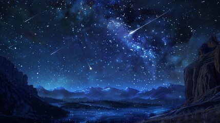 Starry sky with meteors over serene landscape