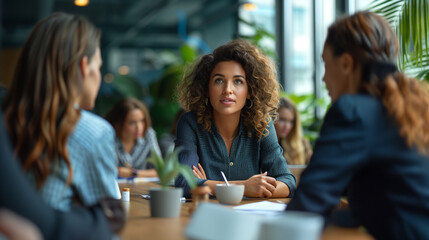 Confident young businesswoman engaging in a thoughtful discussion with colleagues in a modern, plant-filled office space.