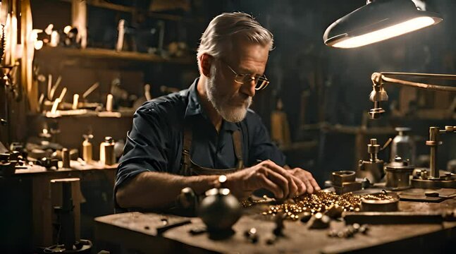 Goldschmied sitzt in seiner Werkstatt und bearbeitet ein Schmuckst&uuml;ck